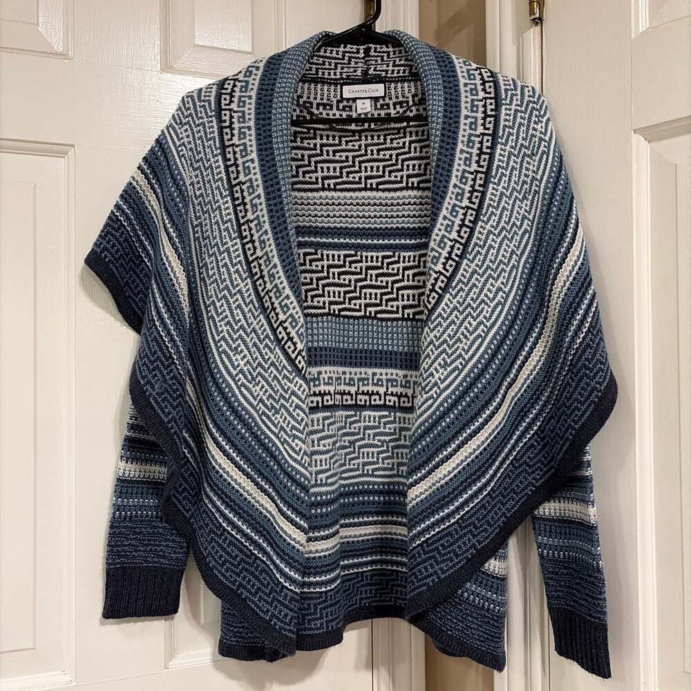 Charter‎ Club Women's Blue Patterned Open Front Waterfall Cardigan